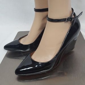 Zara Black Patent Wedge Strap Heels Shoes 37 7